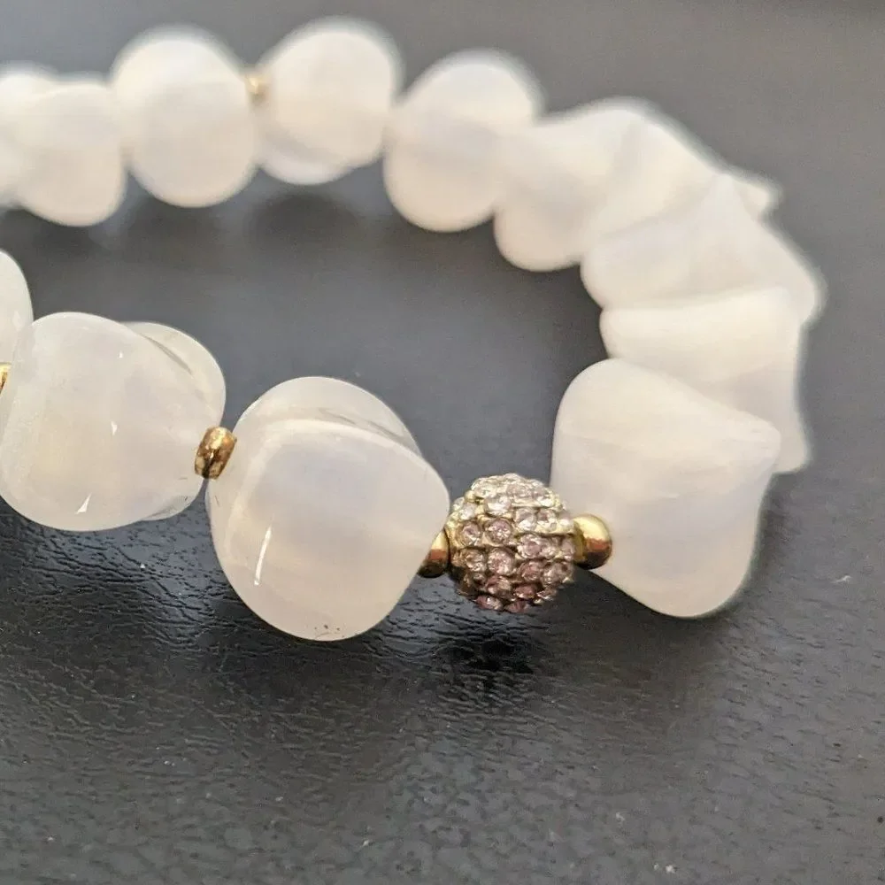 Set of 2 White Opalescent & Crystal Ball & Oval Bracelets - Elastic -